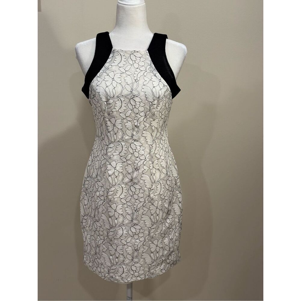 Belle Badgley Mischka Women's Sadie Floral Lace Mesh Mini Dress White Black Sz 6
